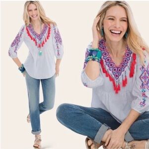 Chico's Pinstripe Tassel Trim Top Embroidered Southwestern Blue Size Large Boho